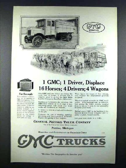 Rare1919 GMC Truck Ad showing the devastating affect this truck will have on early Teamster jobs.